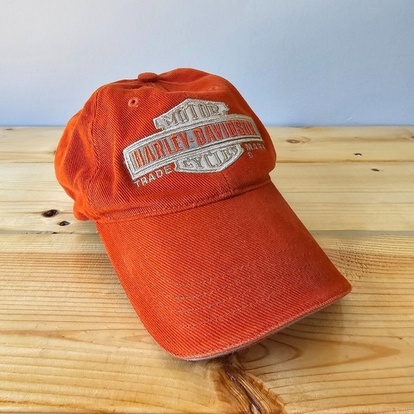 Harley-Davidson Hat Cap Big Logo Orange Motorcycles Biker Adjustable Strap - Picture 1 of 9